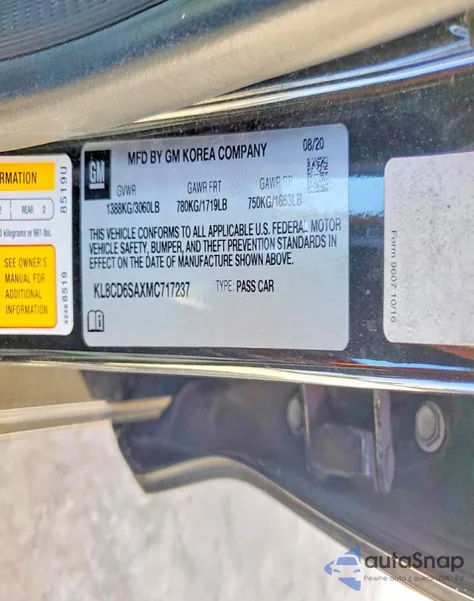 2021 Chevrolet Spark 1Lt z USA, uszkodzony, nr VIN KL8CD6SAXMC717237